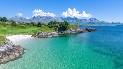 Obraz premium Stunning Coastal Golf Course Landscape Secluded Bay Crystal Clear Water Mountain Views
