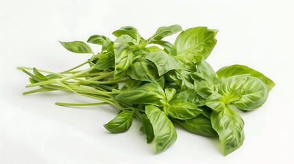 A bunch of fresh basil leaves with long green stems, isolated on a white background.