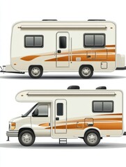 Camping trailers and rv car. Vector motorhome, camper caravan and house truck icon isolated on white background. Recreation vehicle with camping van side view. Travel car for outdoor vacation set