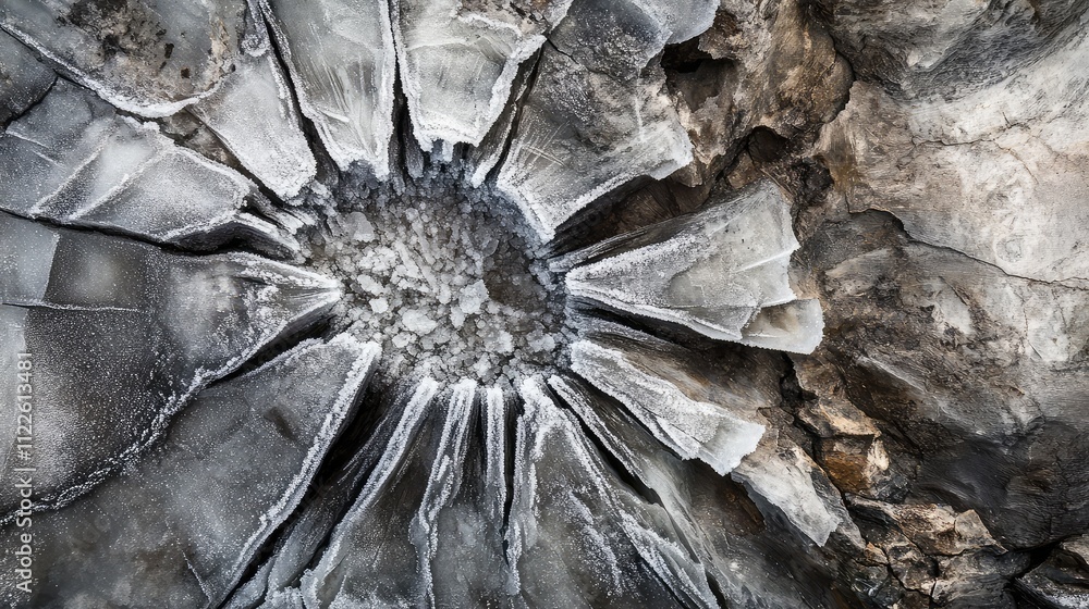 Poster macro image of fractured ice, with detailed cracks radiating from a central point and frosty texture