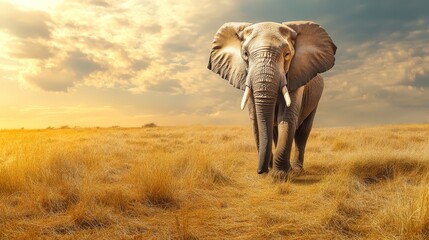 Fototapeta premium A large elephant walking through the African savannah, its trunk raised towards the sky