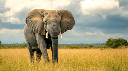 Obraz premium A large elephant walking through the African savannah, its trunk raised towards the sky