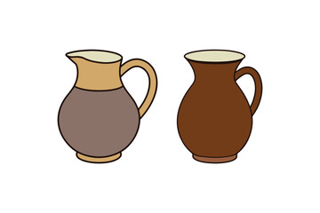 Ceramic jug set - isolated on a white background. Brown clay pitcher vector illustration in cartoon flat style for home decor and design