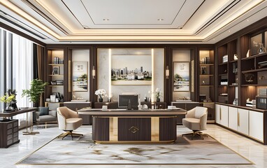 Obraz premium A modern office interior featuring elegant furniture and decor for a professional workspace.