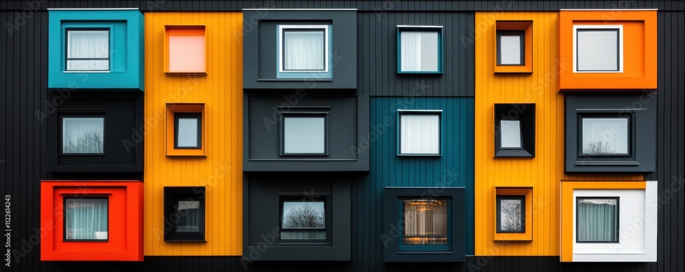Poster close-up of colorful modern modular windows on a building facade with geometric patterns.