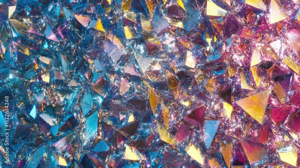 Poster shimmering ice fragments arranged in an abstract pattern, creating a mosaic-like texture with sparkl