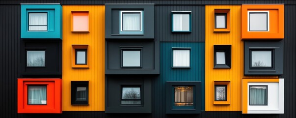 Naklejka premium Close-up of colorful modern modular windows on a building facade with geometric patterns.