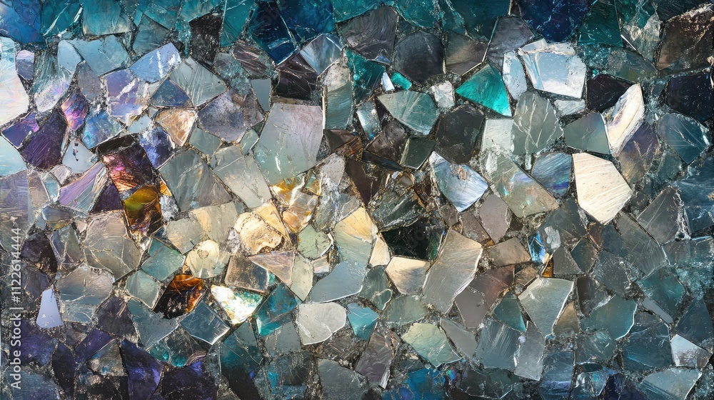 Poster shimmering ice fragments arranged in an abstract pattern, creating a mosaic-like texture with sparkl