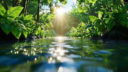 Naklejka premium Tranquil Stream Surrounded by Lush Greenery, Sunlight Filtering Through the Forest Canopy, Reflecting on the Water's Surface, Capturing the Serenity of a Tropical Paradise