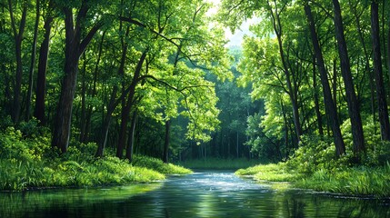 Obraz premium Serene Forest Scene with Lush Green Trees Reflecting in a Peaceful Stream, Illuminated by Soft Sunlight Filtering Through the Canopy, Capturing the Beauty of Tranquil Nature