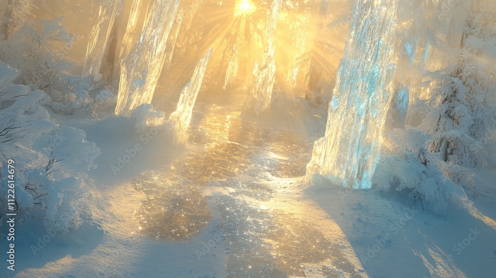 Poster sunbeams shining through transparent ice shards, casting soft, glowing reflections and delicate shad