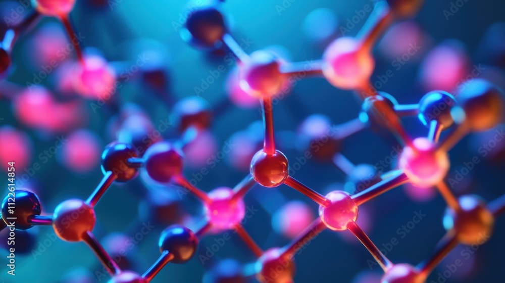 Poster close-up of molecular structure with connected atoms in red and blue colors on a blurred dark backgr