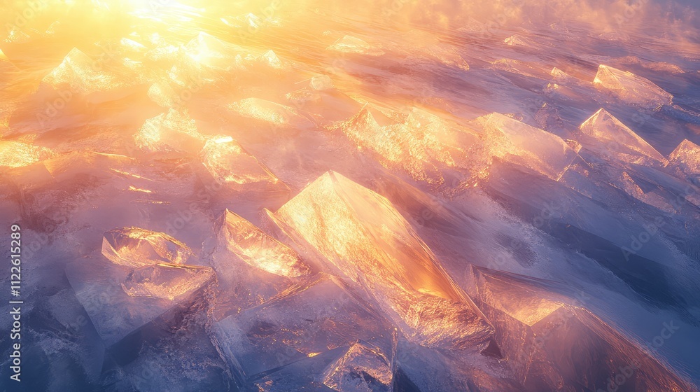 Poster sunlight scattering through layers of broken ice, creating dazzling light effects and shadows across