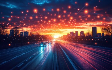 Obraz premium Futuristic cityscape at sunset with illuminated network connections above a highway, showcasing technological advancement and connectivity.