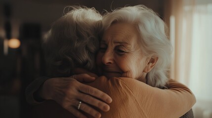 Elderly women hugging in warm embrace showing friendship and care
