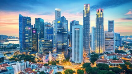 Naklejka premium Stunning cityscape at sunset, showcasing modern skyscrapers and traditional architecture.