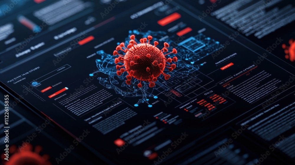 Poster red virus particle displayed over digital medical infographic with data and diagrams on a dark backg