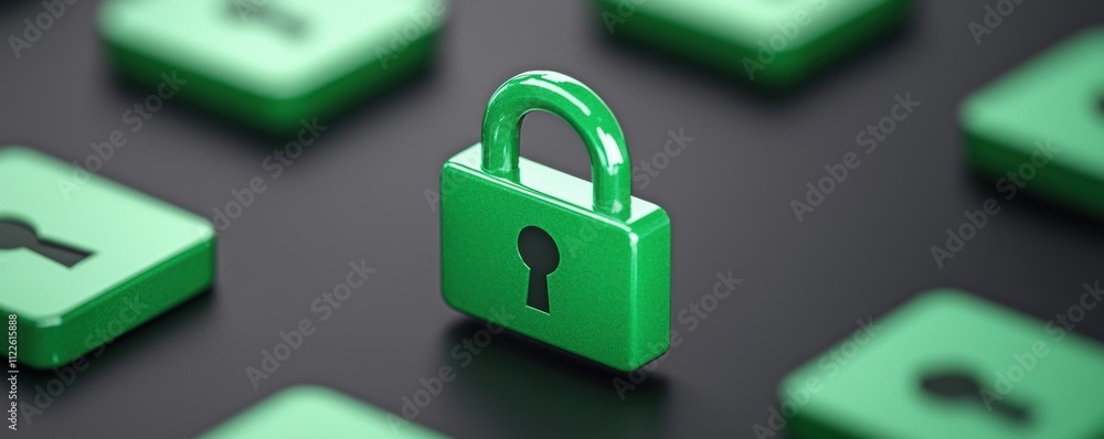 Poster green padlock symbols arranged on a dark background representing cybersecurity and data protection