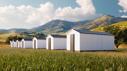 Naklejka premium Row of small white houses with solar panels in a grassy field surrounded by hills under a blue sky.