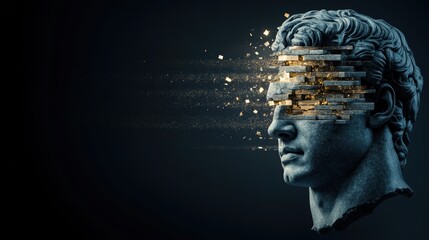 Obraz premium Fragmented classical sculpture head with floating golden particles on a dark background