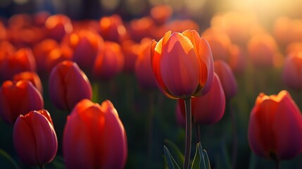 Obraz premium A vibrant field of tulips bathed in warm sunlight, showcasing nature's beauty and tranquility.