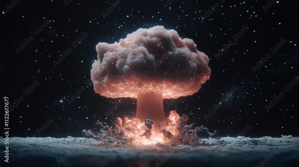 Poster mushroom cloud explosion with glowing particles and cosmic backdrop. sci-fi and apocalyptic concept