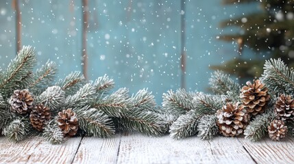 A winter scene featuring snow-dusted pine branches and pine cones on a wooden surface.