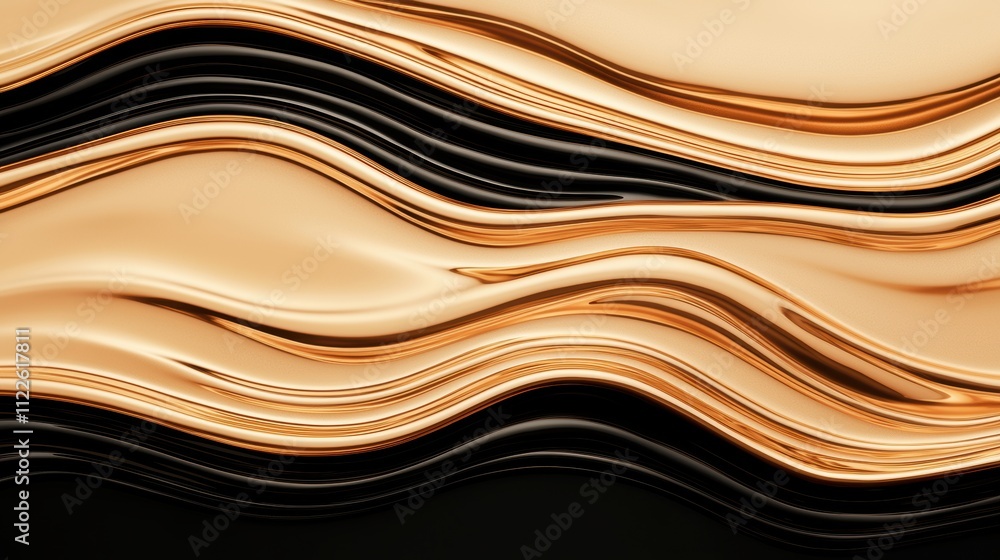 Poster abstract wavy golden and black lines on a dark background. digital 3d render of fluid metallic textu