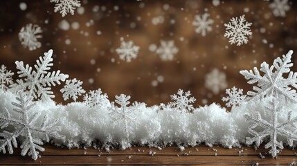 A winter scene featuring snowflakes and fluffy snow on a wooden surface.