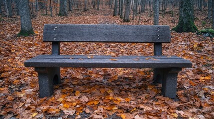 A wooden bench surrounded by autumn leaves in a tranquil forest setting.