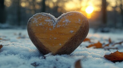 A wooden heart sits on snow, illuminated by a sunset in a serene winter landscape.