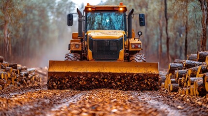 A yellow bulldozer clearing a path through a forest with logs stacked on either side.