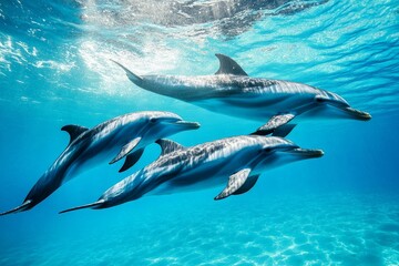 Naklejka premium A pod of dolphins swimming together in perfect harmony through the clear blue water
