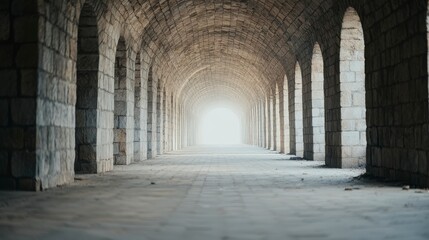 Fototapeta premium Abandoned Subway Station Light at the End of the Tunnel Stone Archway Architecture