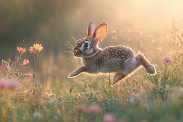 Obraz premium A rabbit hopping through a meadow, captured mid-jump with flowers in the background