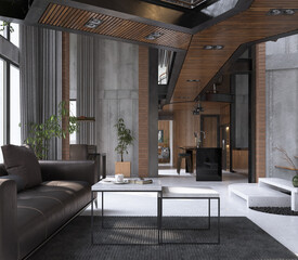 Modern loft-style living room with wood accents