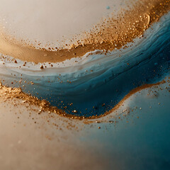 The background has soft, neutral tones with white and beige tones. Blue and gold tones