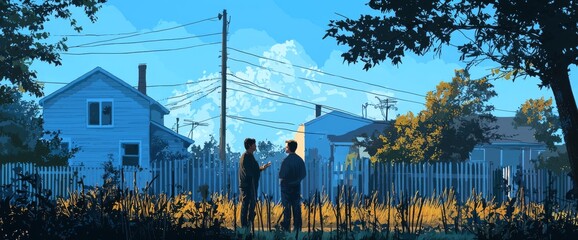 Suburban Neighborhood Scene Two Men Conversing at Dusk