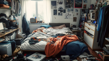 untidy bedroom filled with a mix of personal items, clothing, and technology, creating a lived-in and chaotic space with a hint of personality