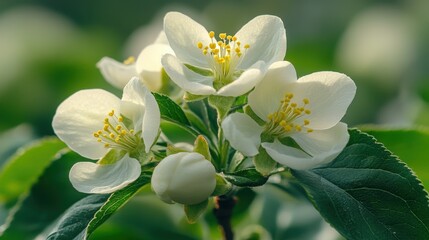Close-up of delicate white apple blossoms with green leaves in a natural setting.