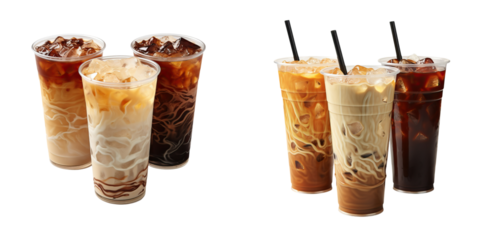 A selection of iced coffee drinks in clear cups, showcasing various layers and colors, with straws inserted for sipping.