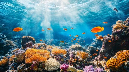 Fototapeta premium A vibrant coral reef filled with colorful tropical fish swimming gracefully in crystal-clear water