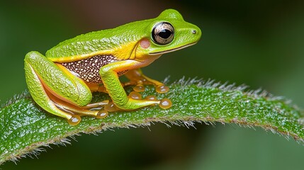 Obraz premium Vibrant Green Coqui Frog on Lush Leaf in Tropical Rainforest