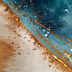 The background has soft, neutral tones with white and beige tones. Blue and gold tones