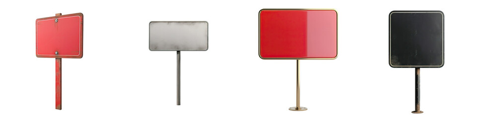 Four distinct signboards in varying colors, showcasing a mix of red, white, and black hues with simple, geometric designs.