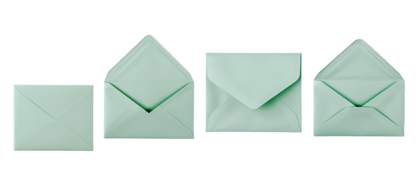 Mint green envelope set front back open closed blank empty copy space product mockup template stationery packaging design supply isolated paper mailer correspondence invitation greeting card modern