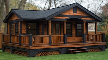 Charming small wooden cabin with porch, black trim, and raised deck on a green lawn.