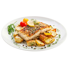 Grilled fish fillet garnished with herbs, accompanied by roasted potatoes and cherry tomatoes, served on a white plate.