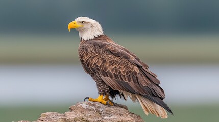 Obraz premium Majestic Bald Eagle Perched on Rock Lake View Wildlife Photography