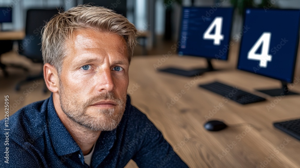 Poster serious man working in modern office desk computer screens software development proble